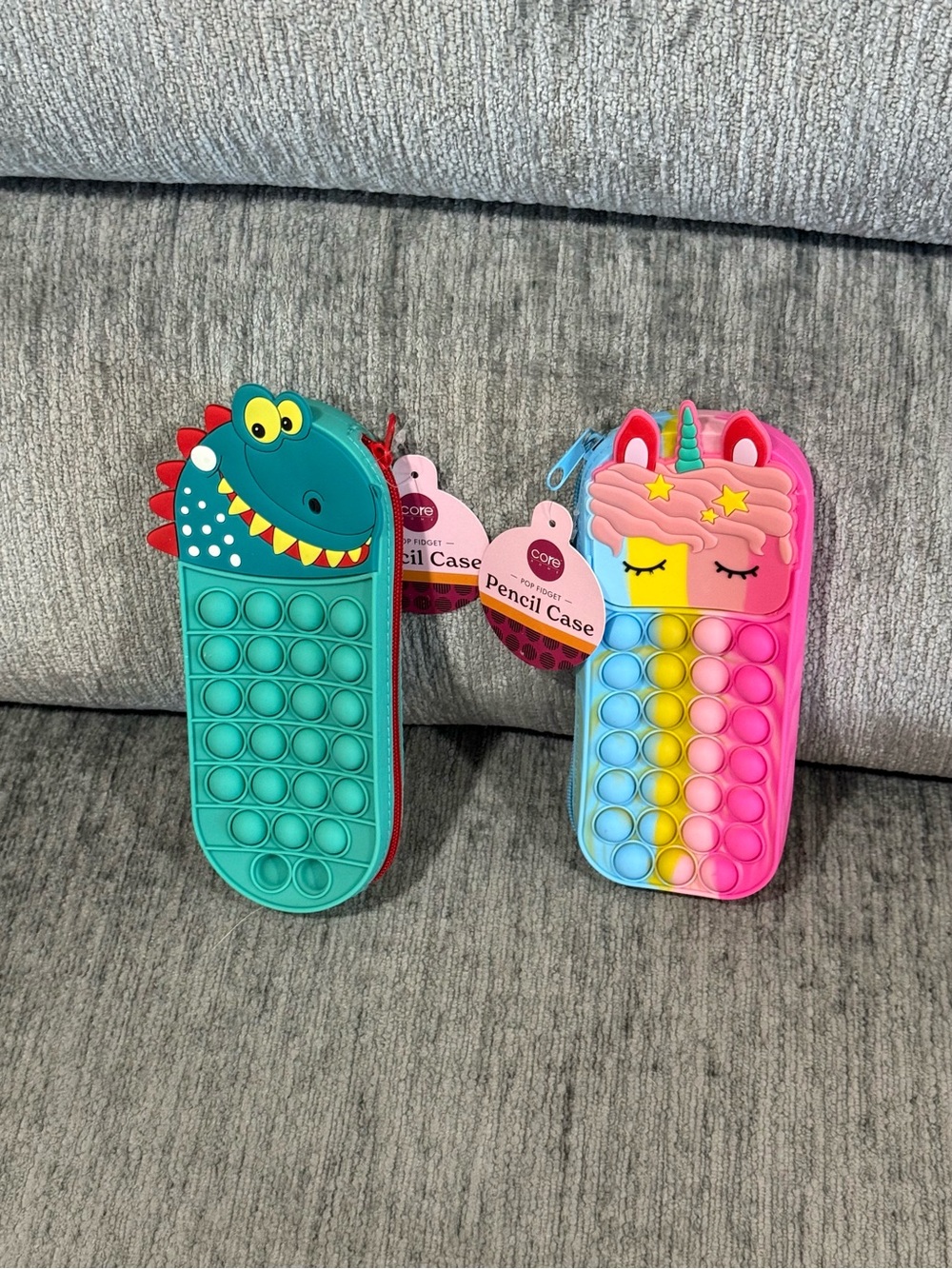 Kids Pop-It Pencil Case Sensory Fidget Toys (2) - Unicorn Pink & Teal Dinosaur